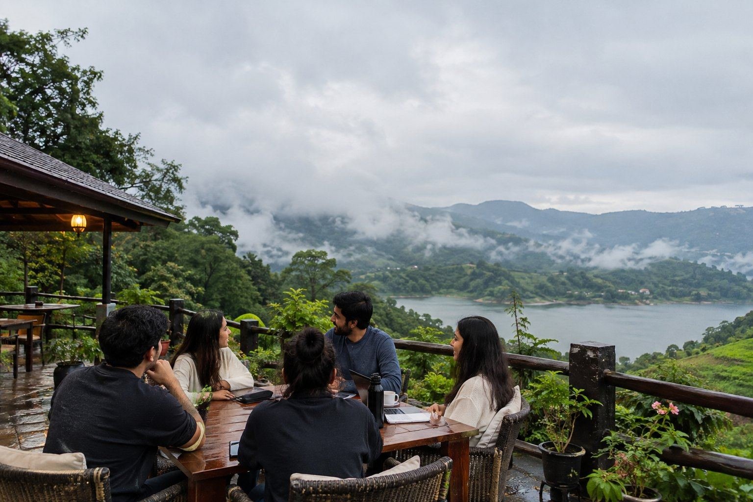 A corporate team enjoying a retreat at a scenic resort surrounded by lush green hills, showcasing corporate offsite destinations in India during the monsoon season.