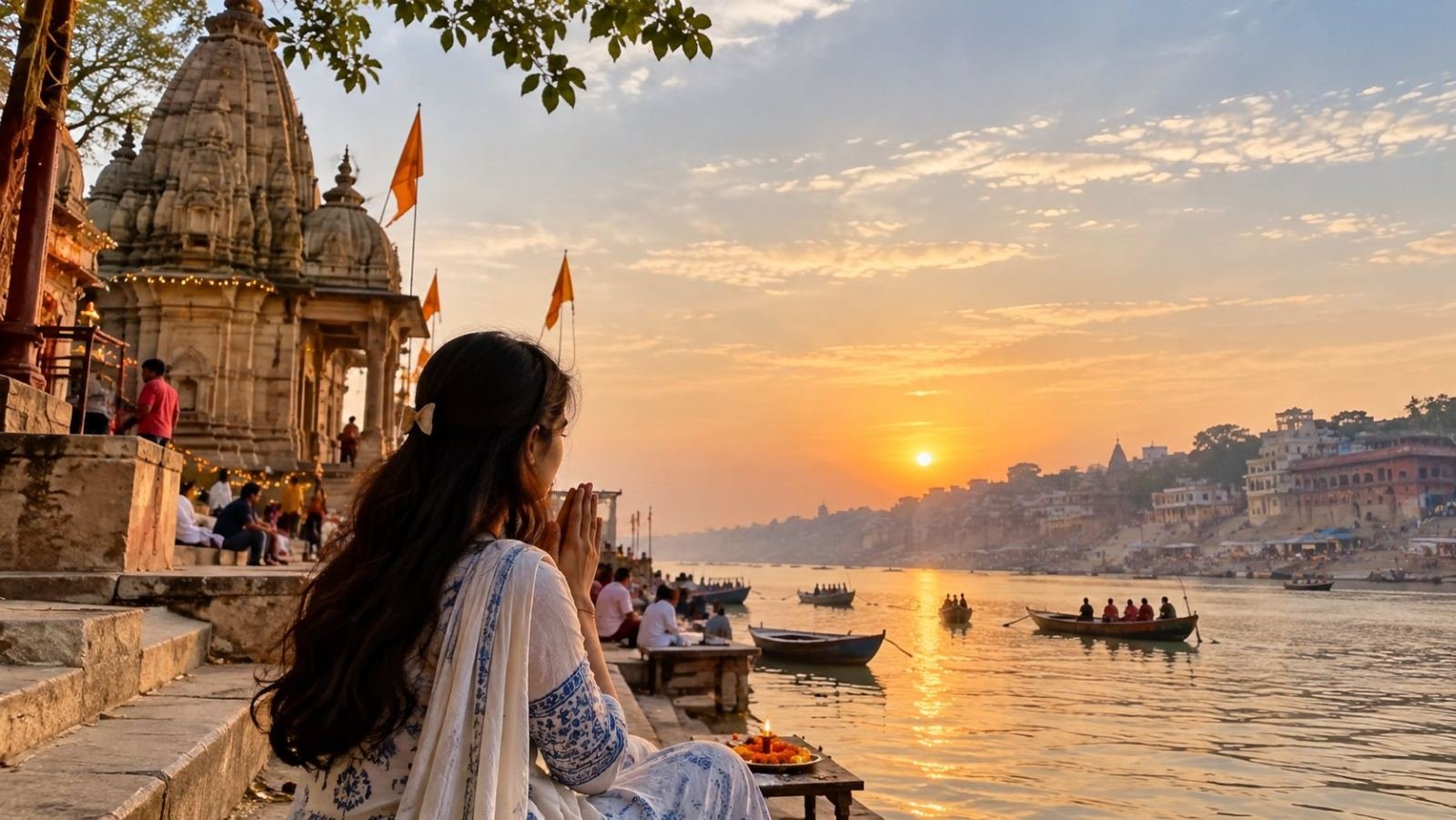 A peaceful spiritual travel scene showcasing the best places to visit during Guru Purnima, featuring devotees offering prayers at a traditional Indian temple with a serene and devotional atmosphere.