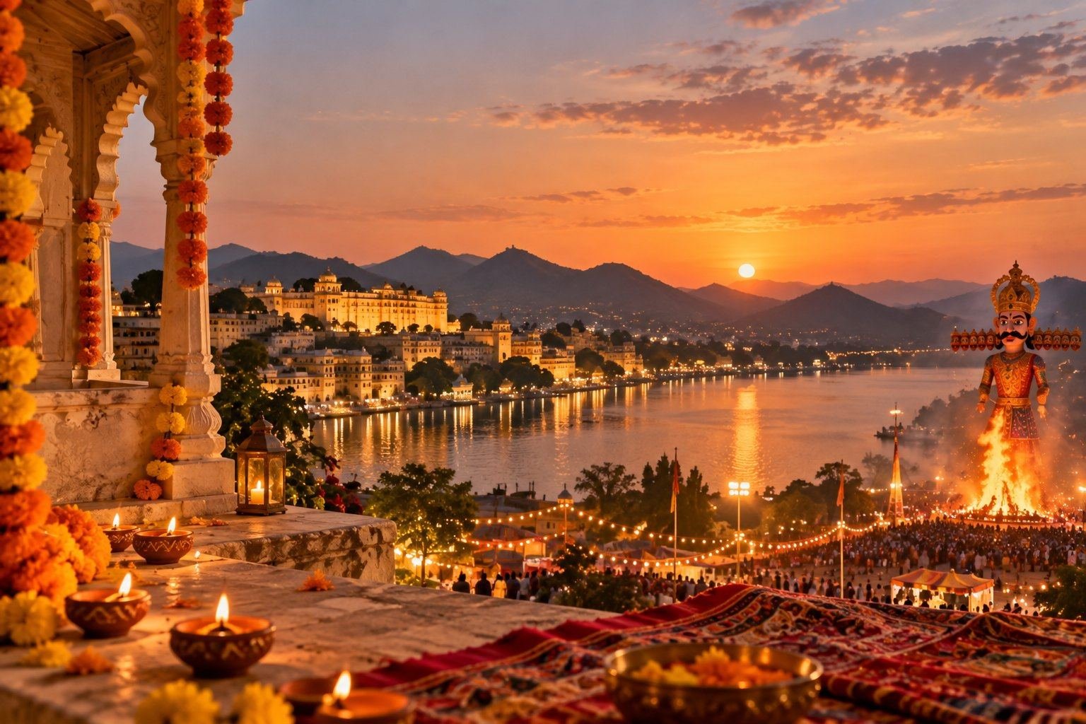 A scenic view representing the best weekend getaways in India during Dussehra, featuring green hills, a winding mountain road and traditional Indian architecture in warm October sunlight.