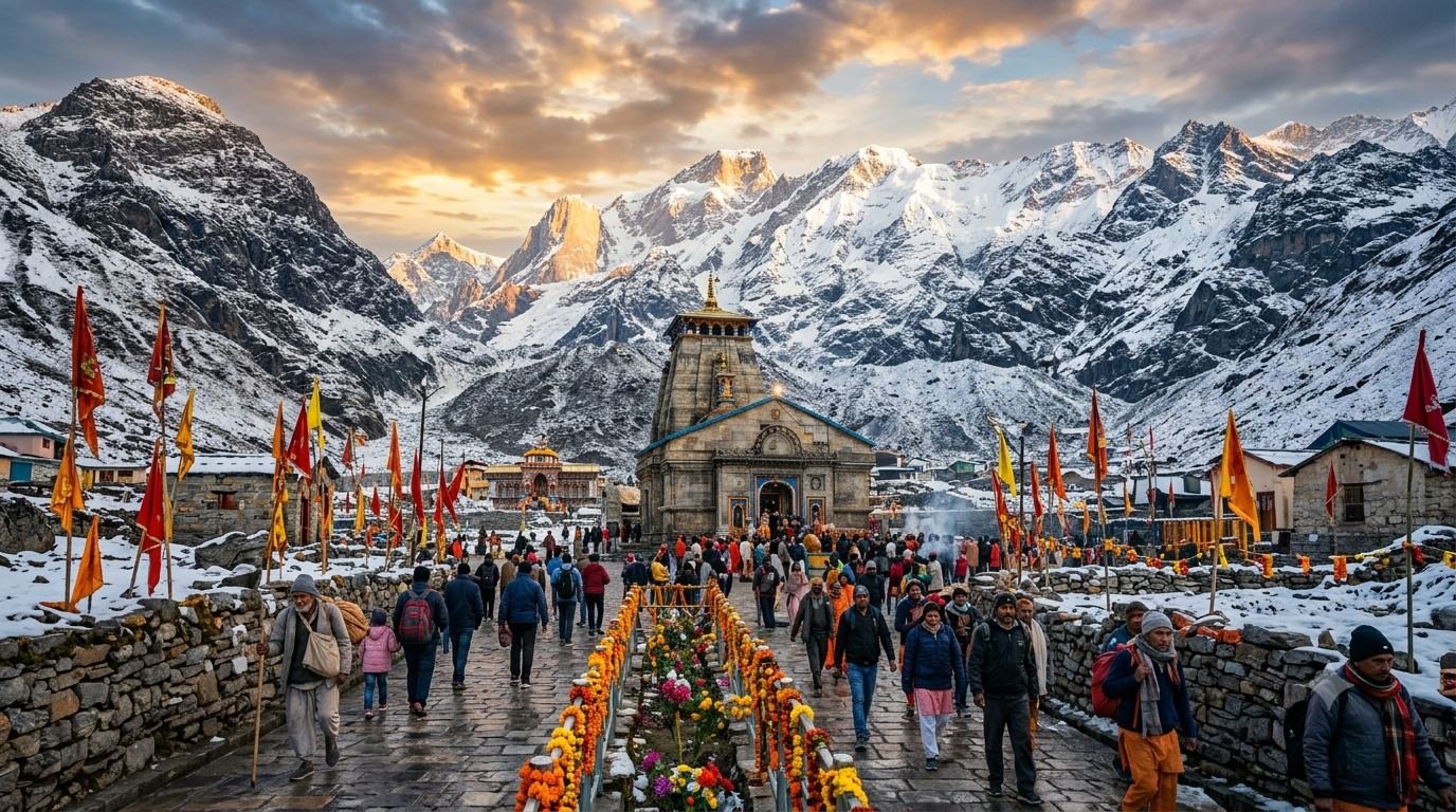 Panoramic view of the Char Dham Yatra route featuring Kedarnath, Badrinath, Gangotri, and Yamunotri temples in the Himalayan mountains of Uttarakhand.