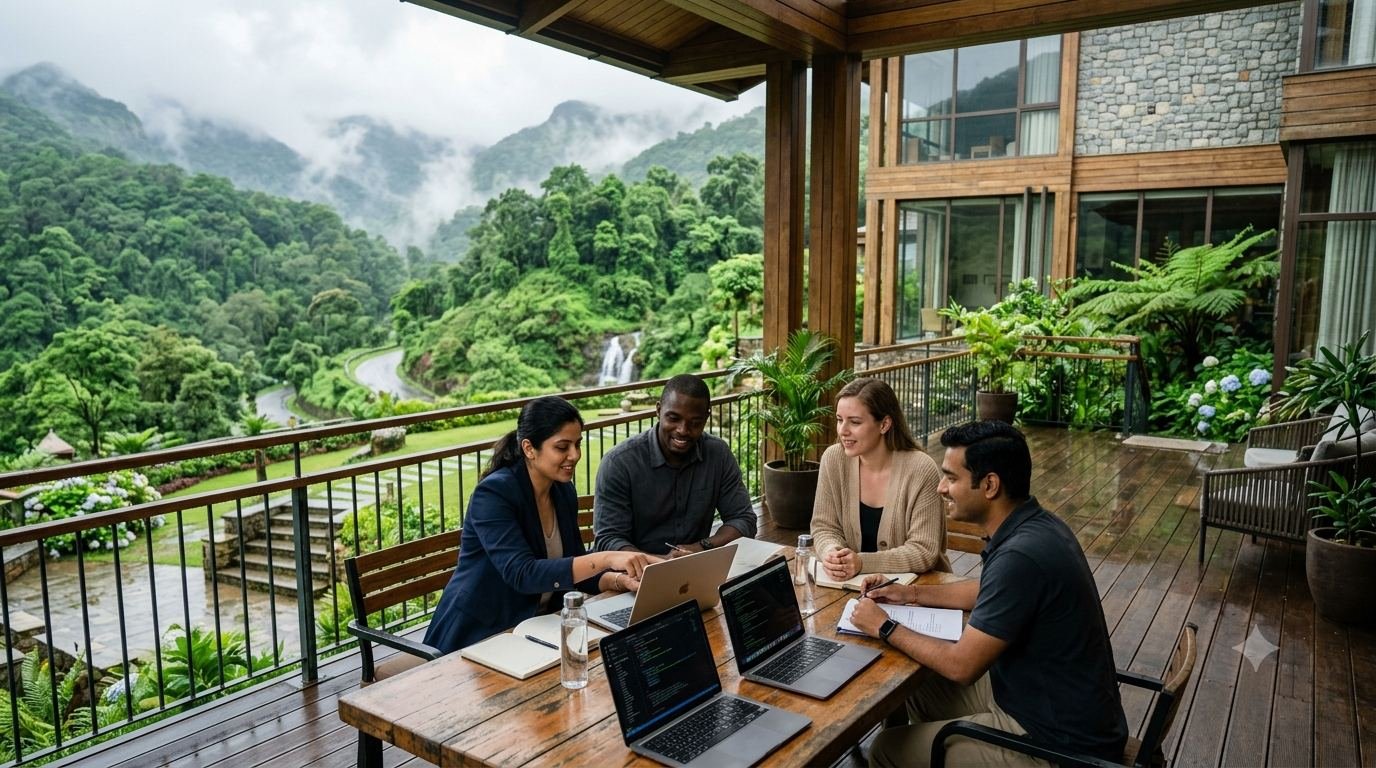 Corporate team participating in an outdoor retreat at a luxury resort during the monsoon season, surrounded by lush green hills.