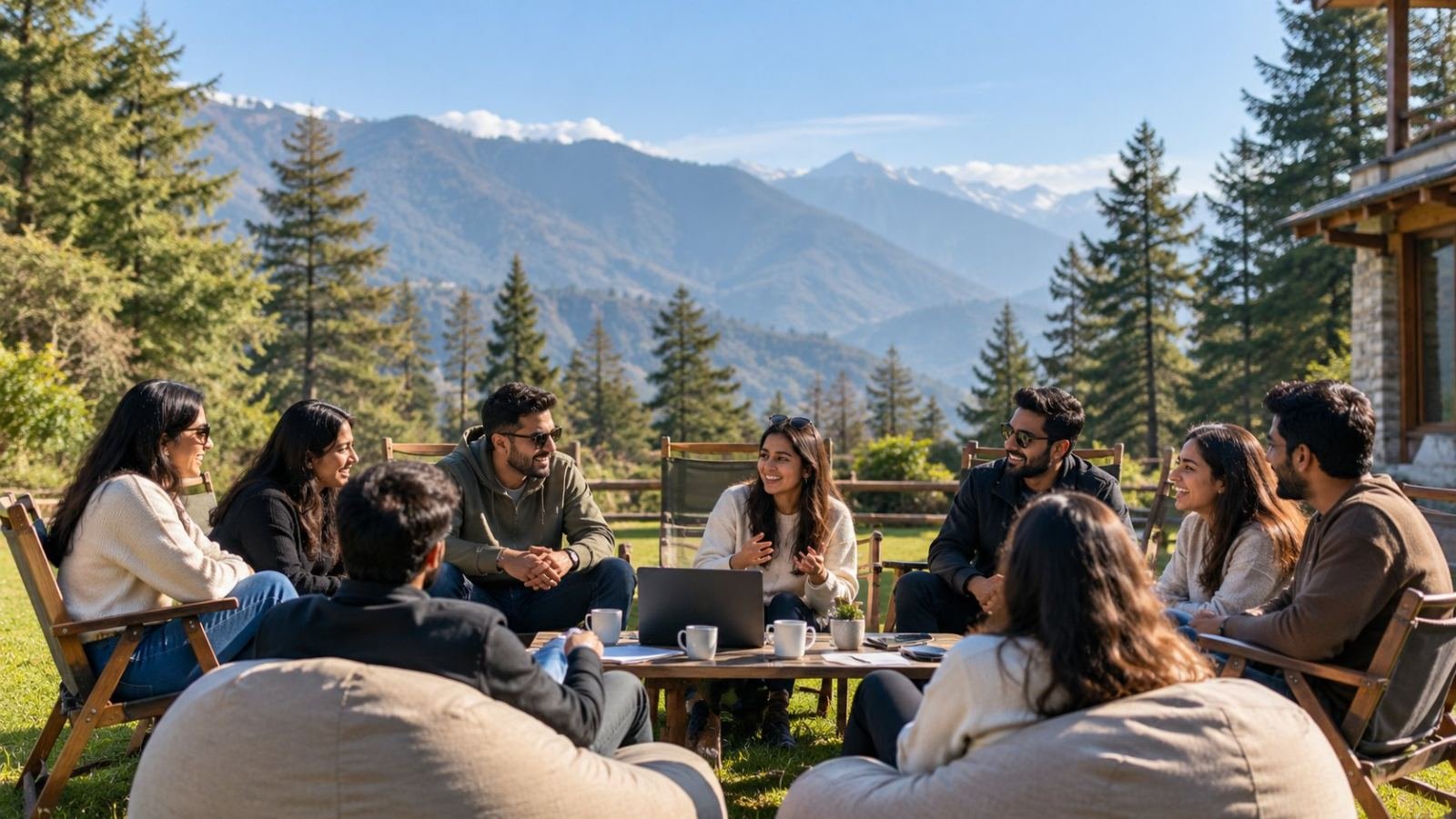 A corporate team offsite in a scenic outdoor setting, with colleagues collaborating, sharing ideas and taking part in team-building activities away from the office.