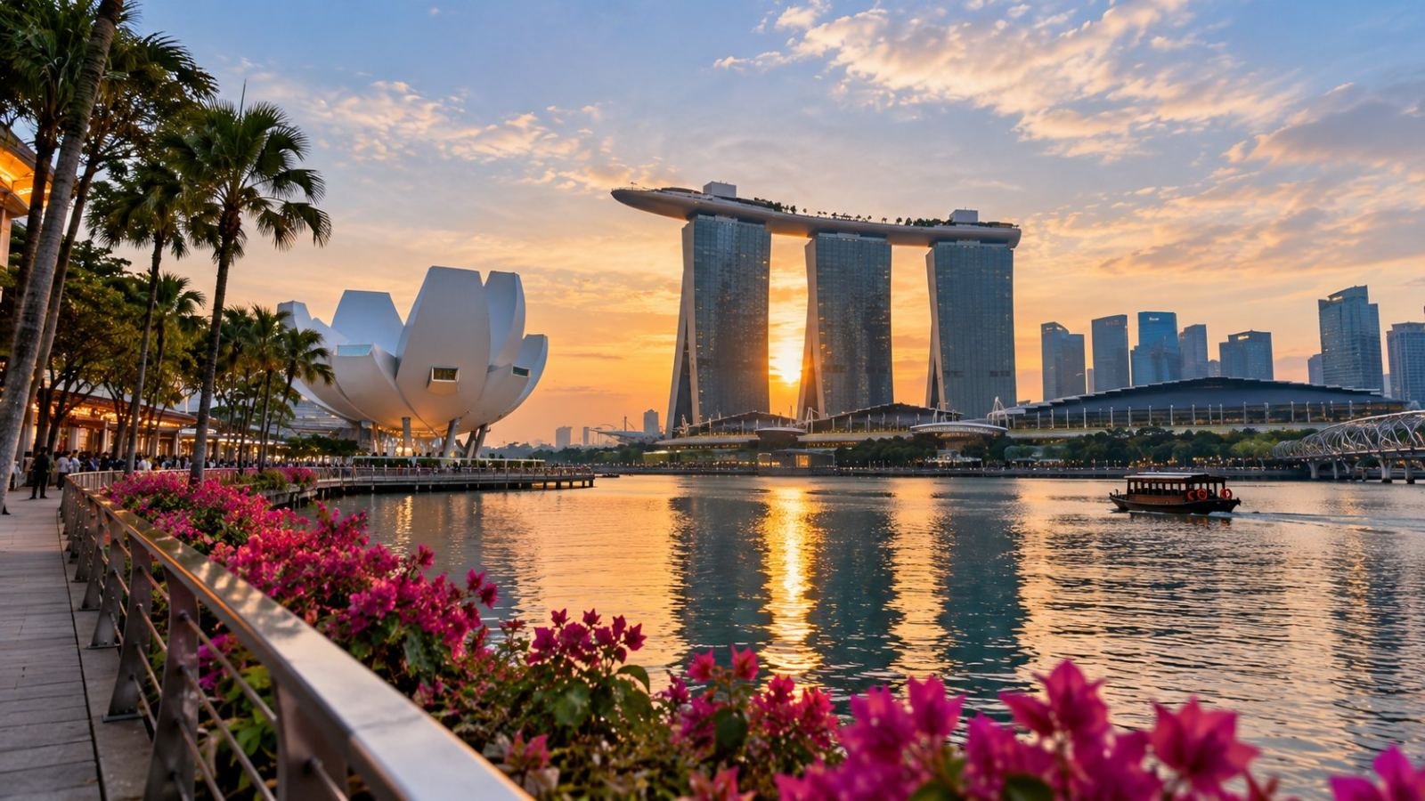 Marina Bay Sands and the Singapore skyline lit up at dusk, as seen on a first trip to Singapore