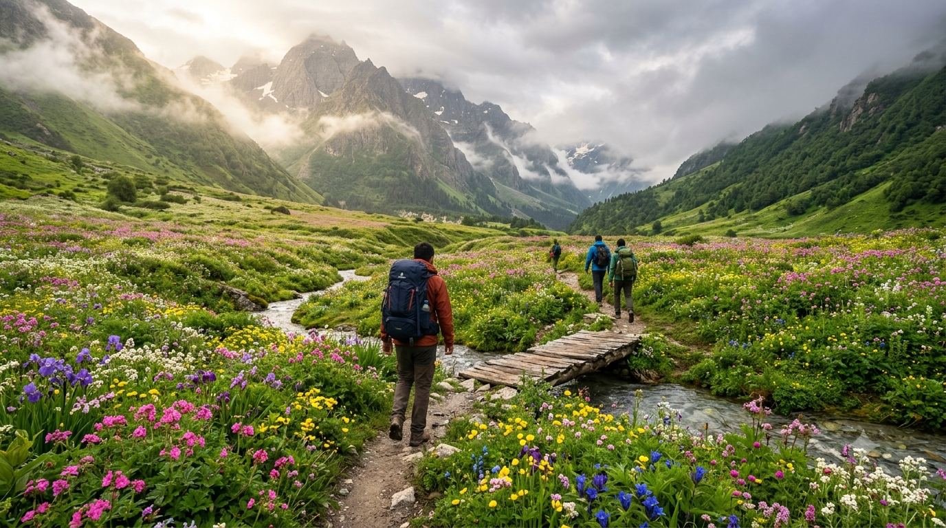 Trekkers exploring Valley of Flowers, Uttarakhand during the monsoon season with colorful alpine flowers, wooden bridge, mountain stream, and majestic Himalayan peaks.