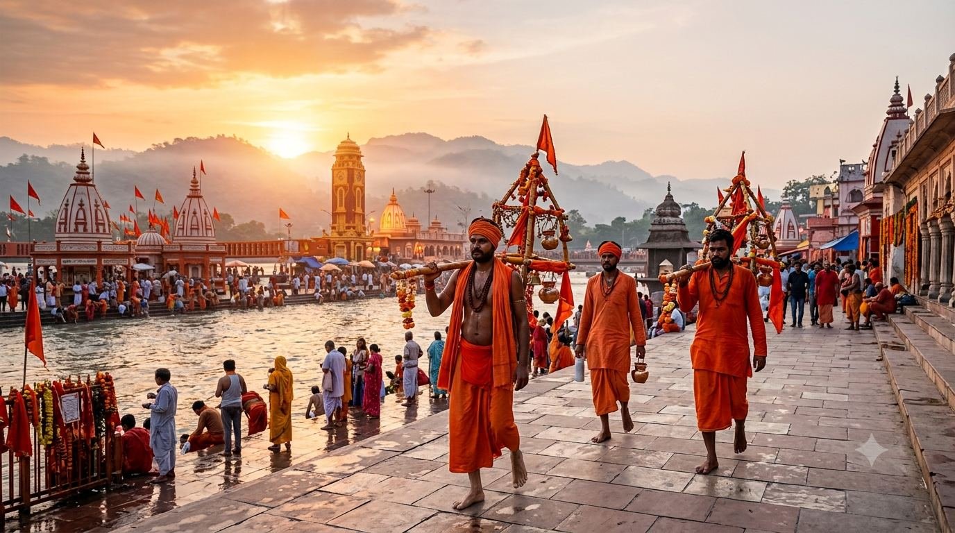 Devotees carrying Kanwars during Kanwar Yatra in Haridwar as they collect holy Ganga Jal for their spiritual pilgrimage
