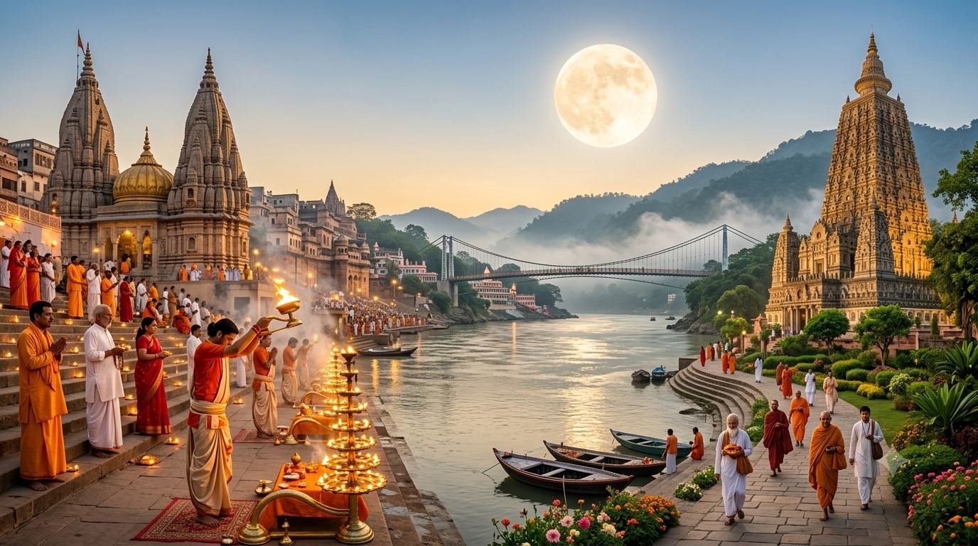 Guru Purnima celebrations at India's spiritual destinations with Ganga Aarti, temples, pilgrims, and sacred travel experiences.
