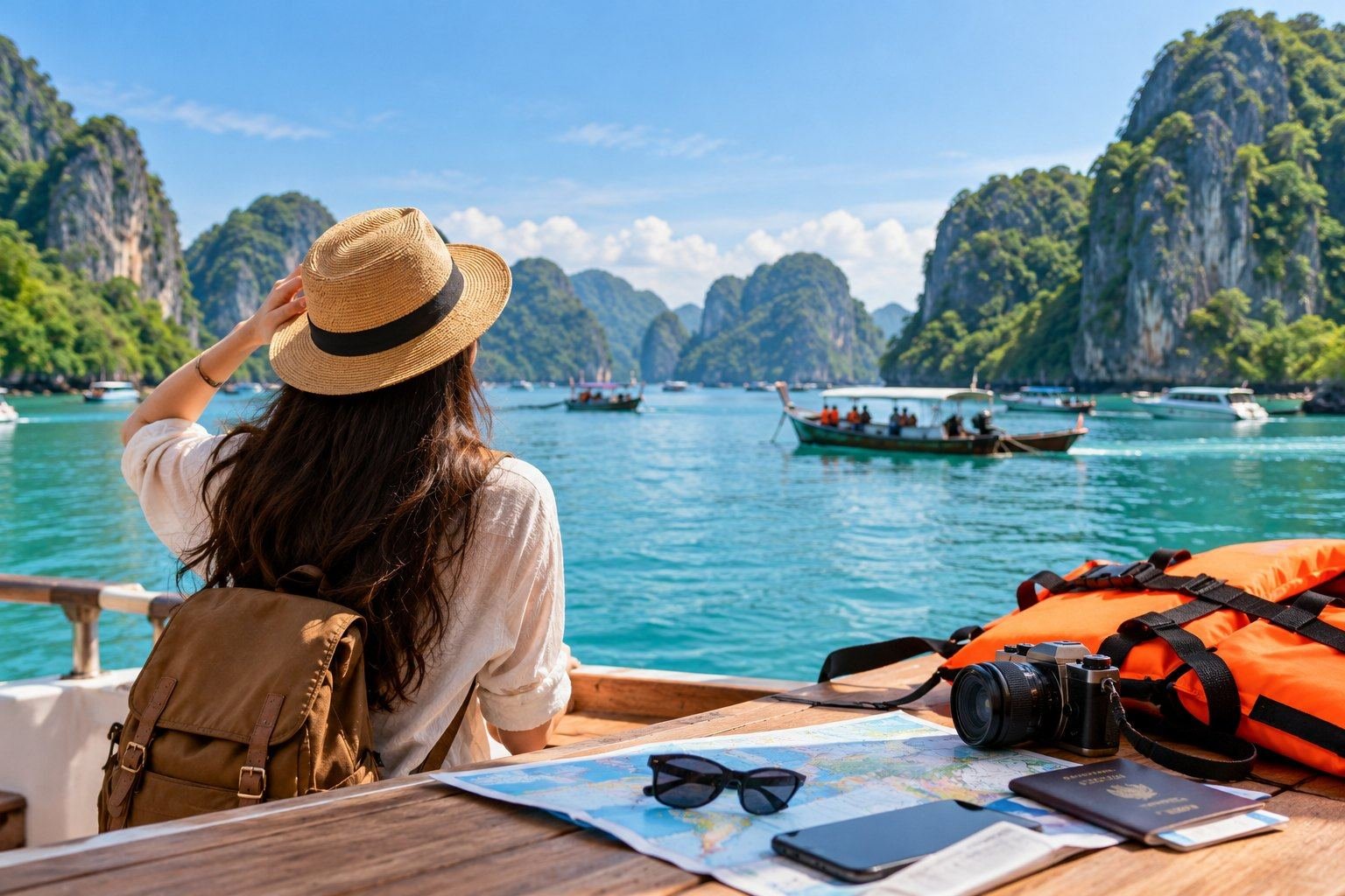Couple wearing life jackets on a tourist boat in Ha Long Bay, Vietnam, highlighting essential international travel safety tips.