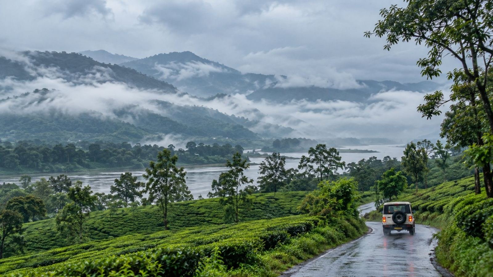 A scenic Assam monsoon landscape with lush tea gardens and misty hills, illustrating travel conditions and the question, is Assam safe to visit right now.