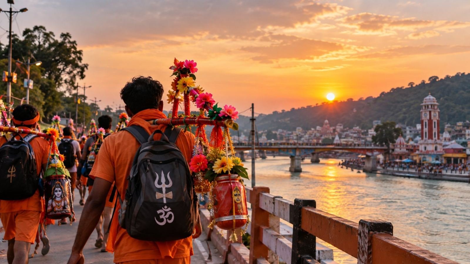 A devotional scene of Kanwariyas carrying decorated kanwars during a pilgrimage, representing the Kanwar Yatra travel guide, with traditional Indian surroundings and a spiritual atmosphere.