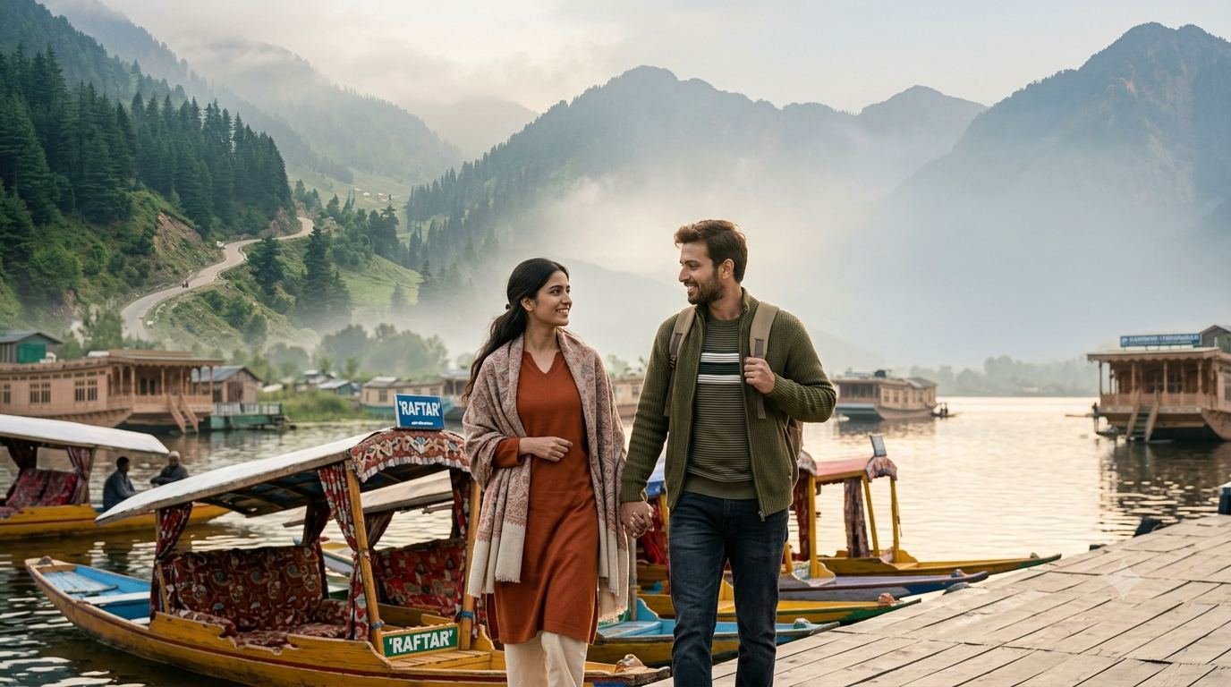 Indian couple enjoying a romantic honeymoon by Dal Lake in Kashmir