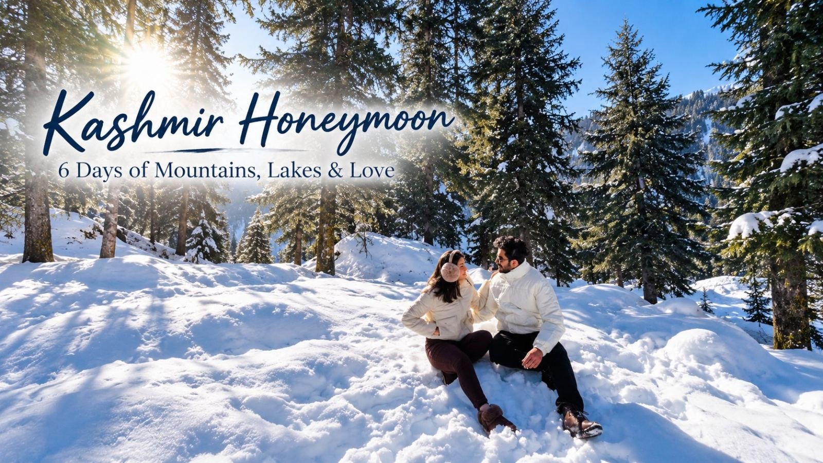 A romantic Kashmir honeymoon itinerary featuring Dal Lake in Srinagar, scenic mountain views, a traditional shikara ride and the beautiful landscapes of Gulmarg and Pahalgam.