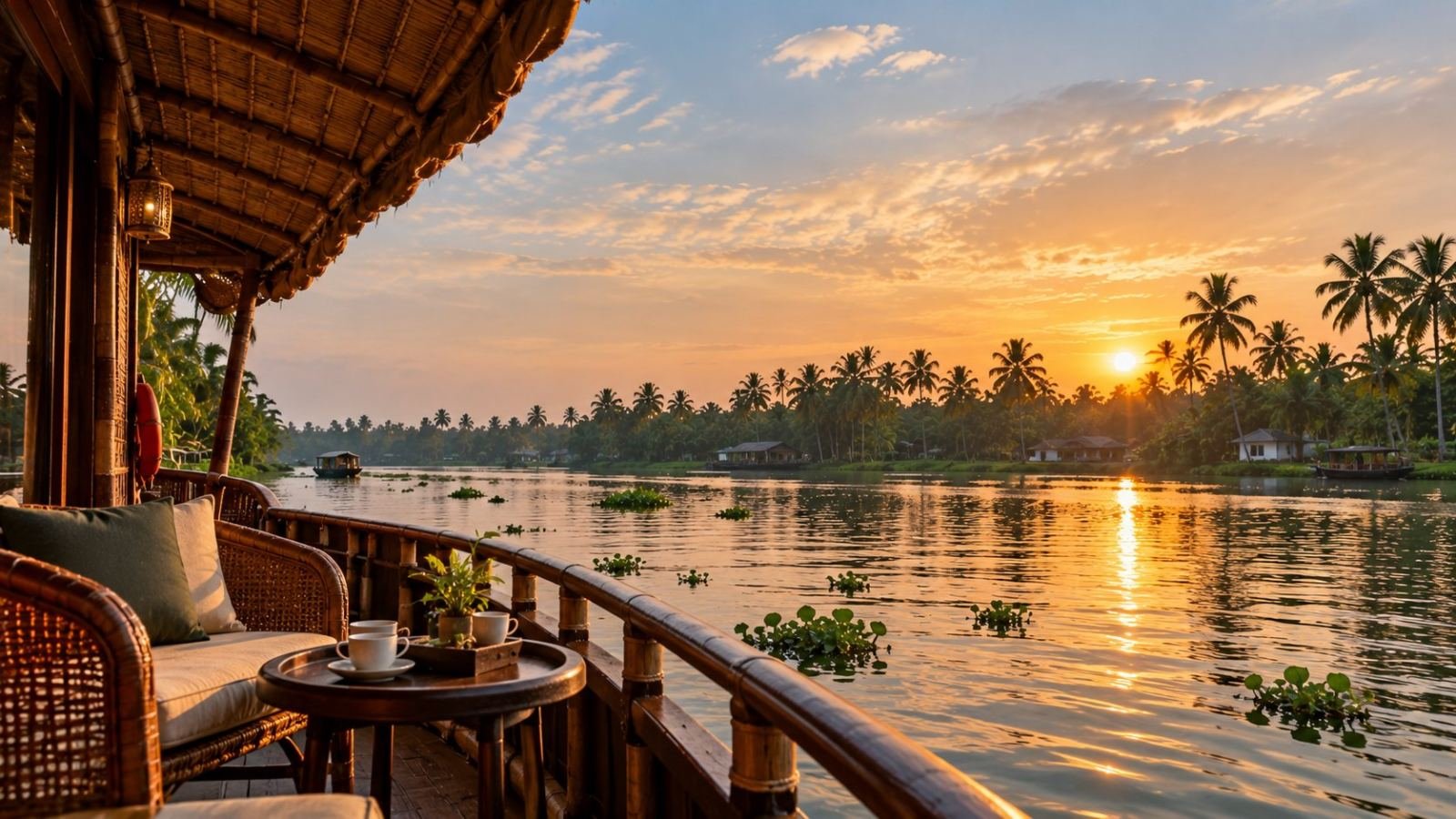 Couple relaxing on a houseboat in the Kerala backwaters during their honeymoon