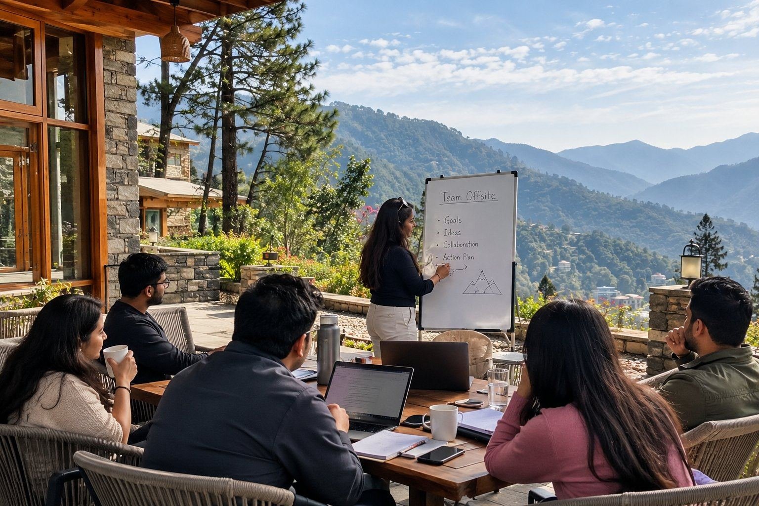 Office meetings vs team offsites: colleagues collaborating during a corporate offsite focused on team building, workplace communication, and strategic planning.