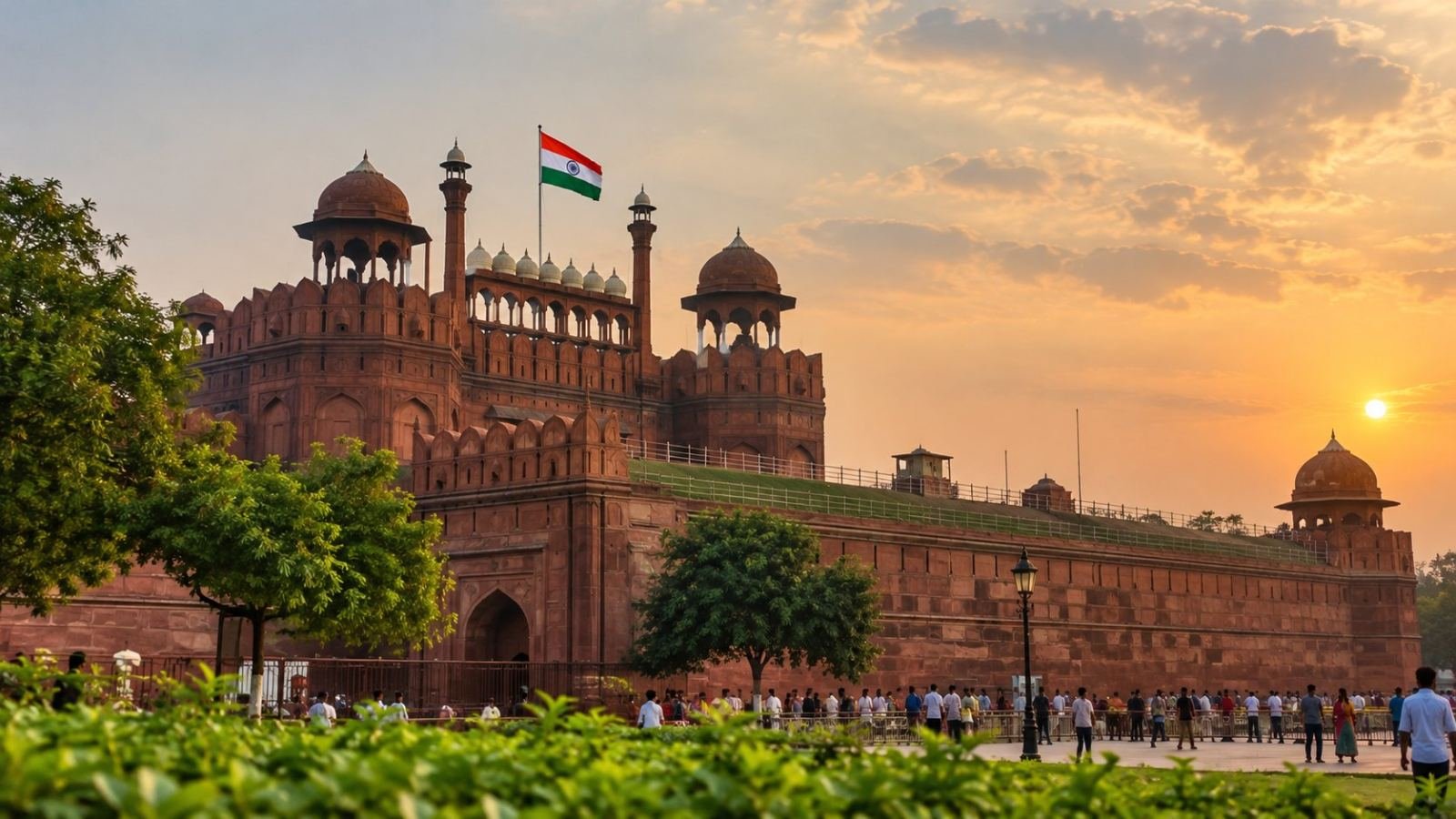 A view of the Red Fort in Delhi with the Indian national flag, representing places to visit in India on Independence Day and India's rich history.