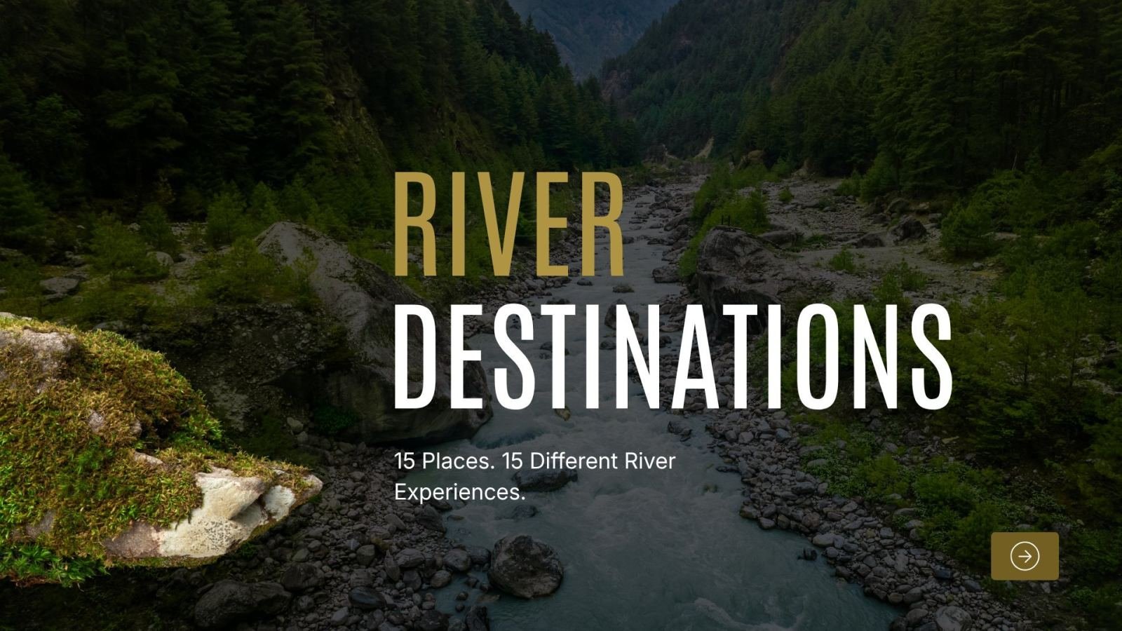 A scenic river flowing through a lush mountain valley, representing river destinations in India and nature-focused travel experiences.