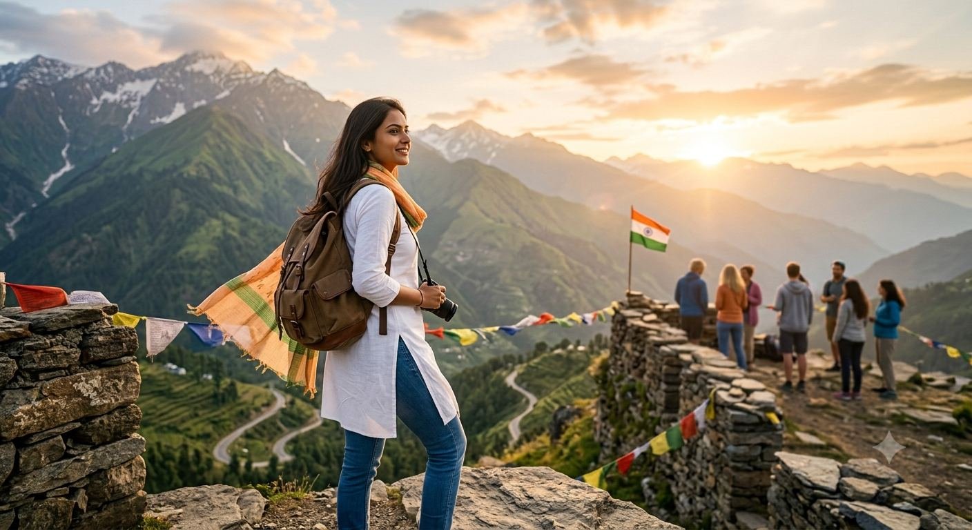 Confident Indian woman traveller enjoying a safe mountain journey during sunrise, representing women's safety while travelling in India.
