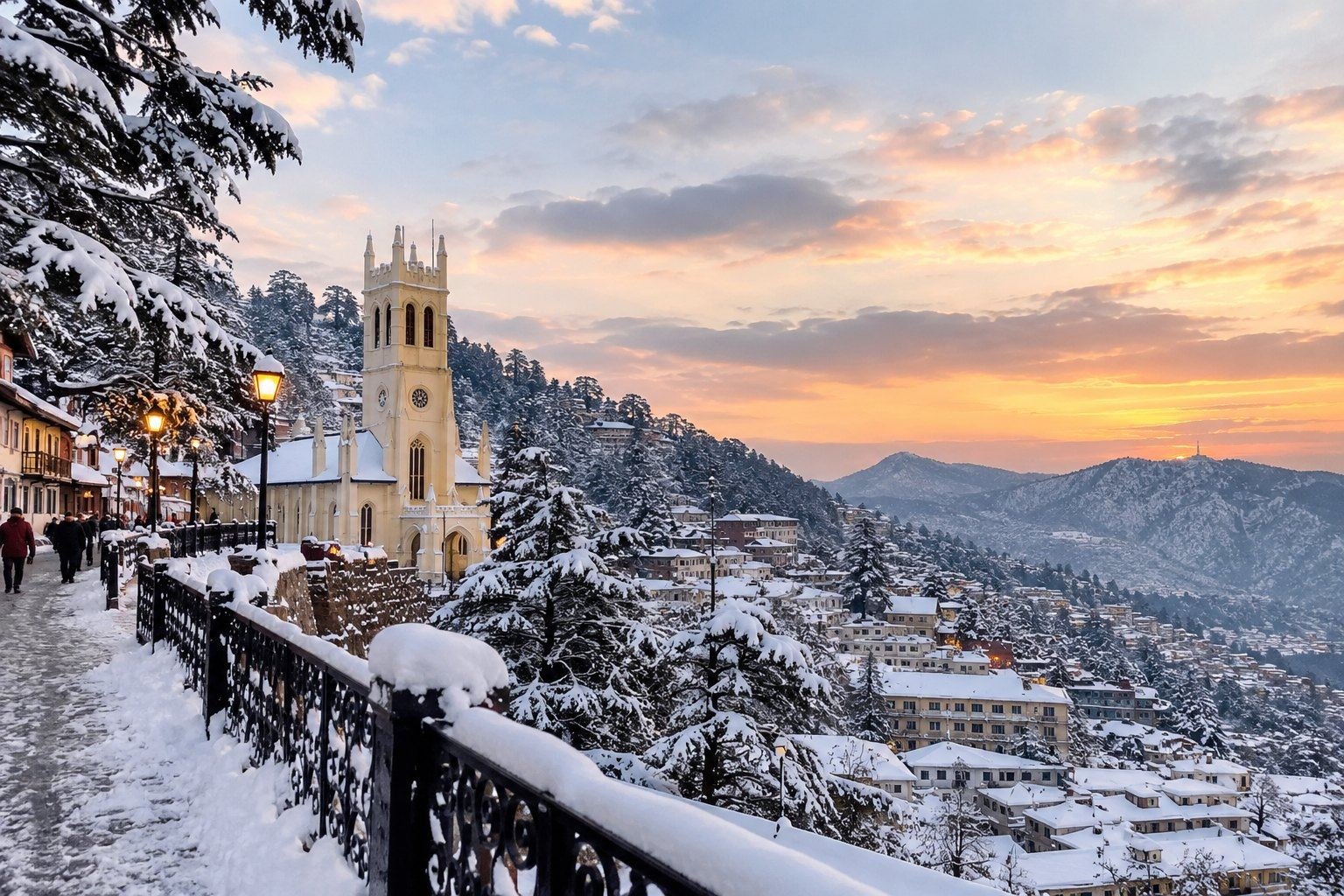 A snowy winter scene in Shimla, Himachal Pradesh, representing Shimla snowfall and winter travel in the Himalayan hills.