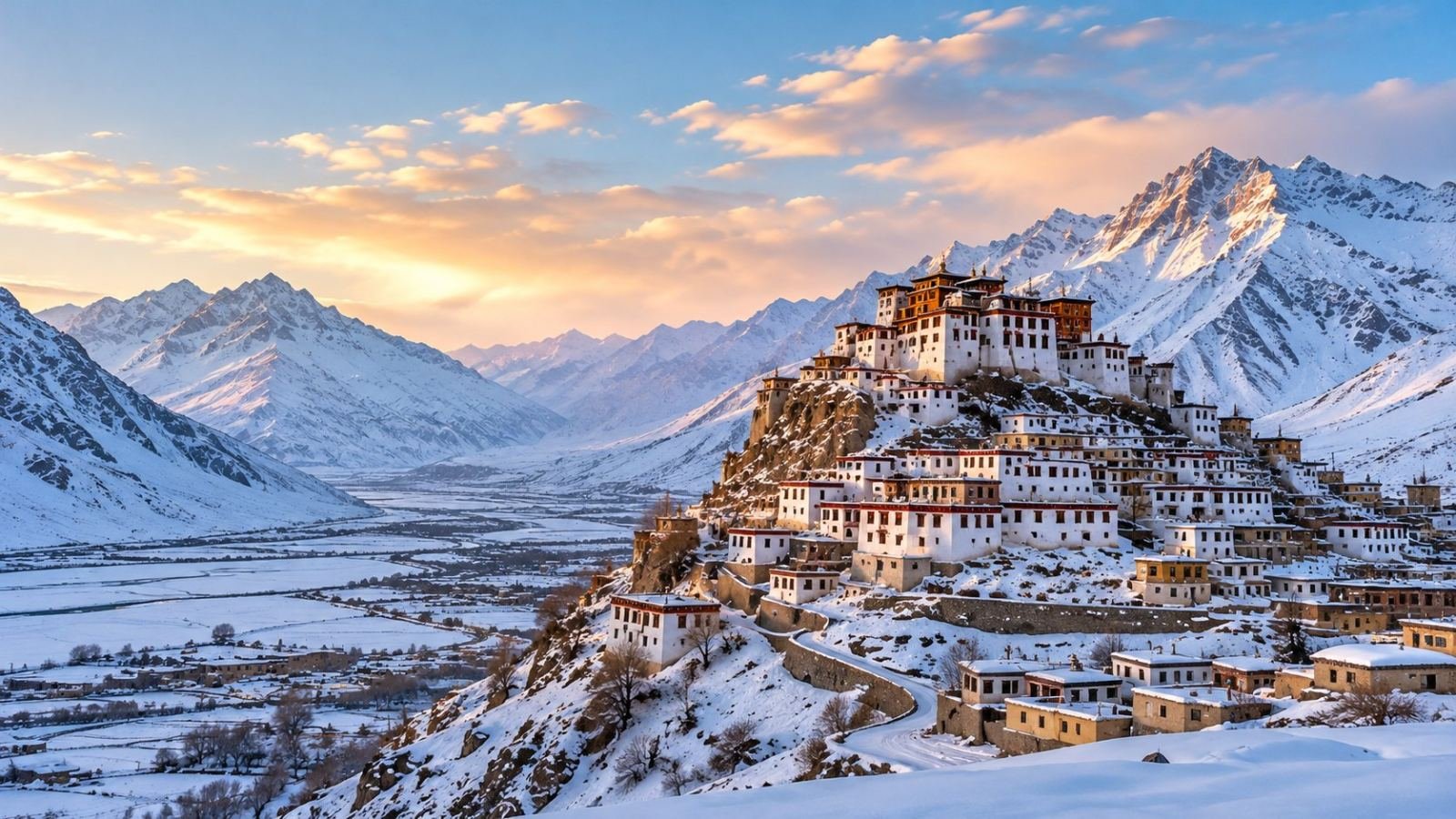 Snow-covered Spiti Valley mountains and village in winter