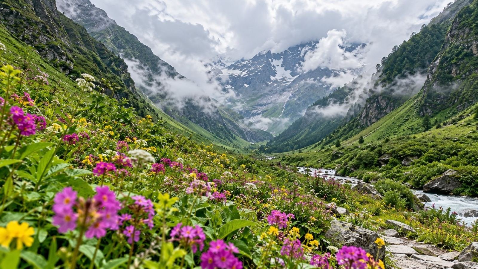 A natural scenic view of the Valley of Flowers in Uttarakhand, featuring colourful alpine wildflowers, lush green meadows and Himalayan mountains, representing the Valley of Flowers travel guide.