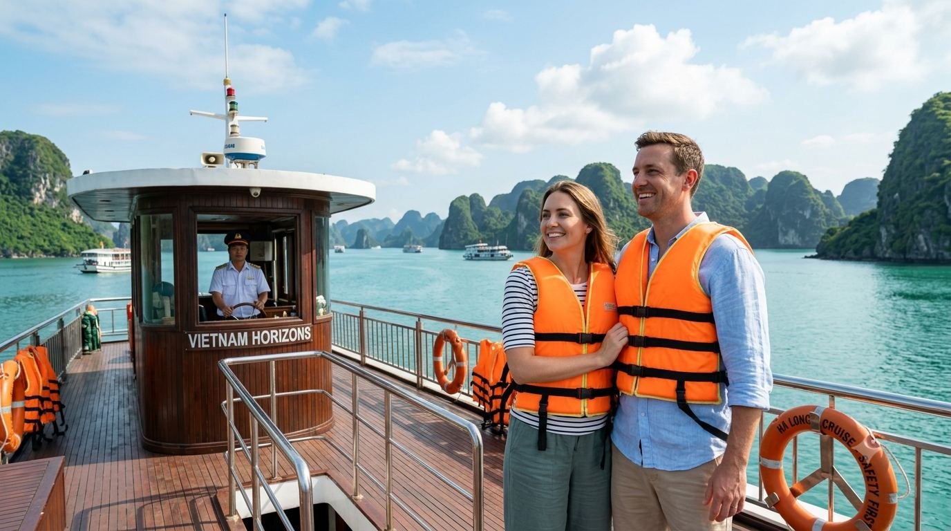 Couple wearing life jackets on a tourist boat in Ha Long Bay, Vietnam, highlighting essential international travel safety tips.