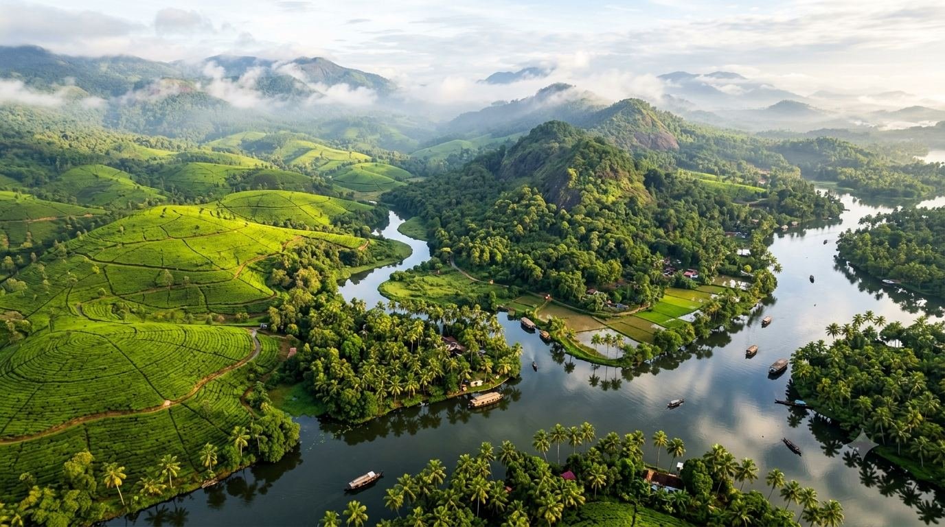 Aerial view of Kerala's lush tea plantations, tropical forests, winding backwaters, coconut trees, and misty hills under the morning sky.