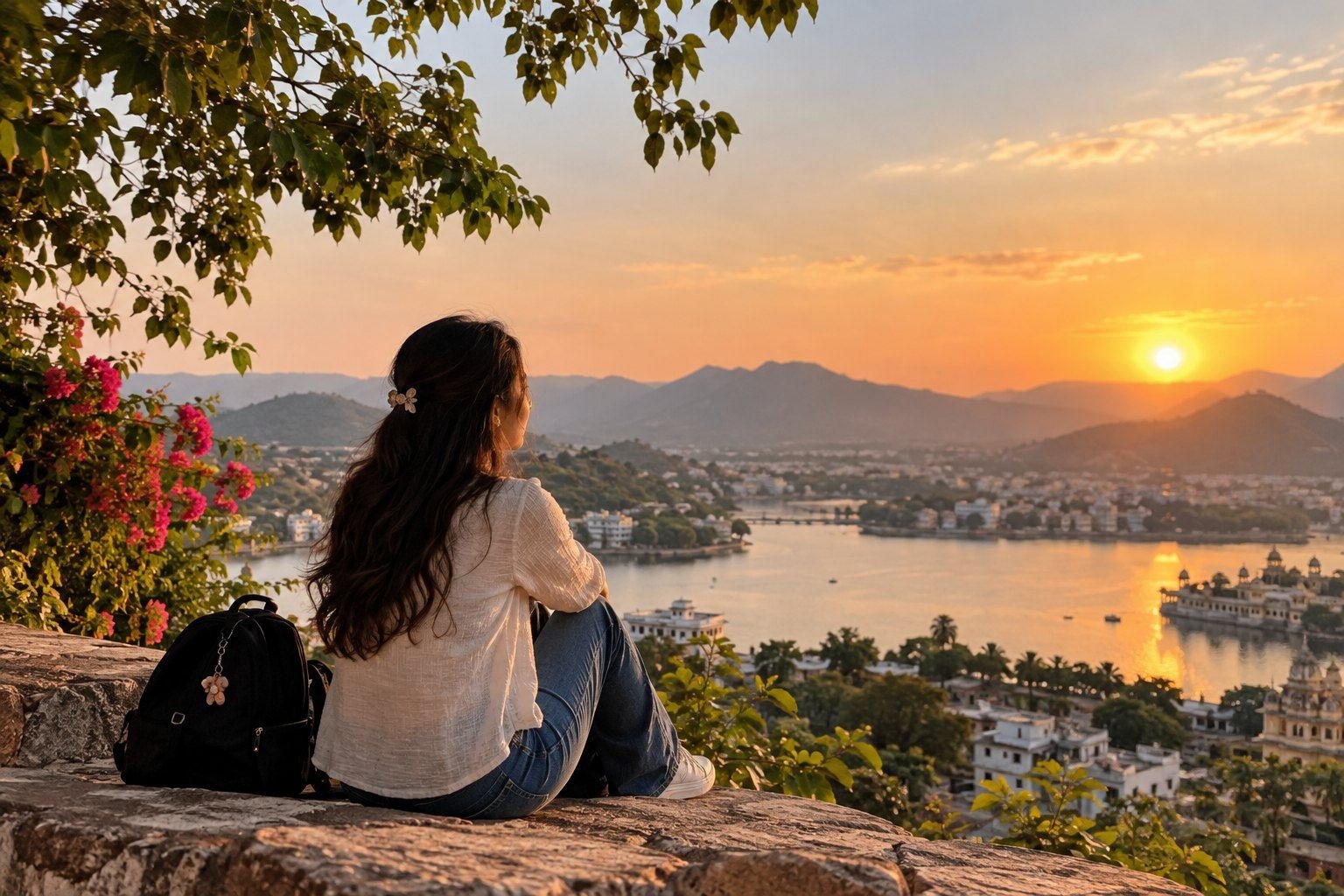A woman enjoying a scenic travel destination, representing women's safety while travelling, with a peaceful mountain landscape, warm natural light and a sense of confidence and freedom.