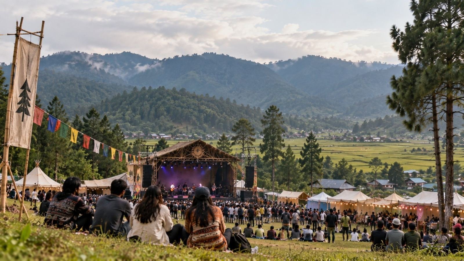 Thousands of music lovers enjoying live performances at the Ziro Festival of Music in Ziro Valley, Arunachal Pradesh, surrounded by lush green mountains.