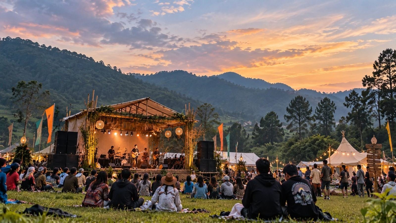 A live outdoor music performance at the Ziro Festival of Music, with a small stage, festival-goers, green Ziro Valley hills and pine trees in the background.