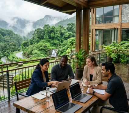 Corporate team participating in an outdoor retreat at a luxury resort during the monsoon season, surrounded by lush green hills.