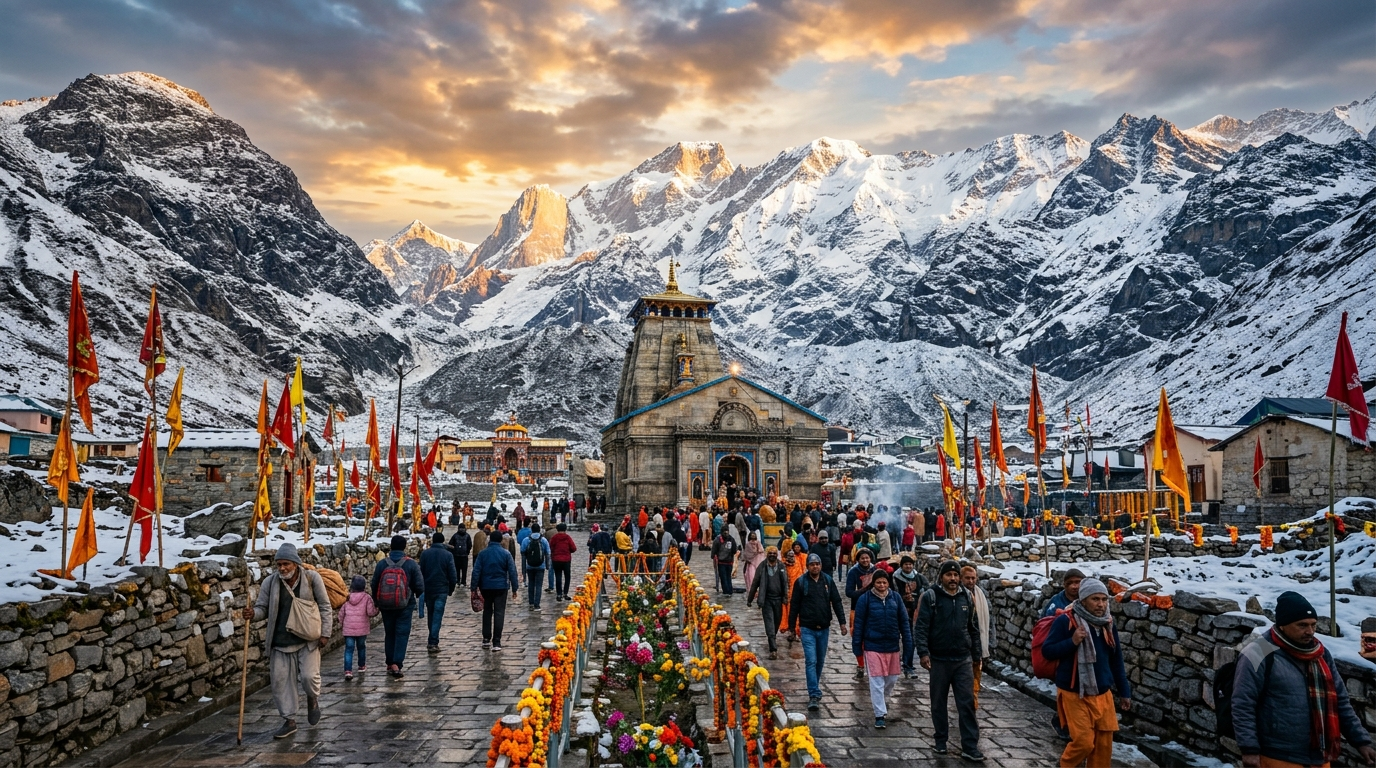 Pilgrims walking toward Kedarnath Temple during the Char Dham Yatra, surrounded by the snow-covered Himalayan mountains in Uttarakhand.