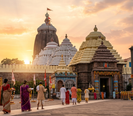 Devotees walking towards Jagannath Temple in Puri, Odisha during sunrise, showcasing the iconic temple architecture and spiritual atmosphere.