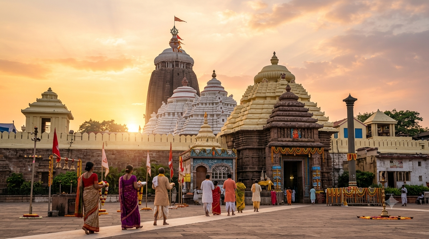 Devotees walking towards Jagannath Temple in Puri, Odisha during sunrise, showcasing the iconic temple architecture and spiritual atmosphere.