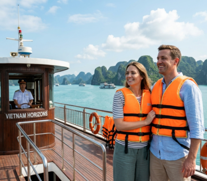 Couple wearing life jackets on a tourist boat in Ha Long Bay, Vietnam, highlighting essential international travel safety tips.