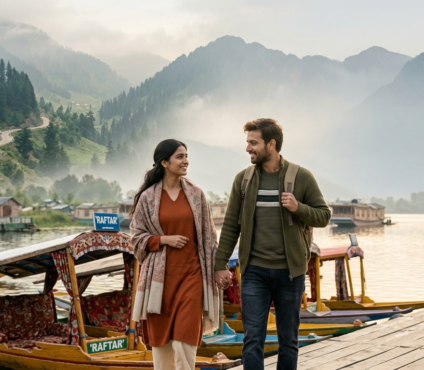 Indian couple enjoying a romantic honeymoon by Dal Lake in Kashmir