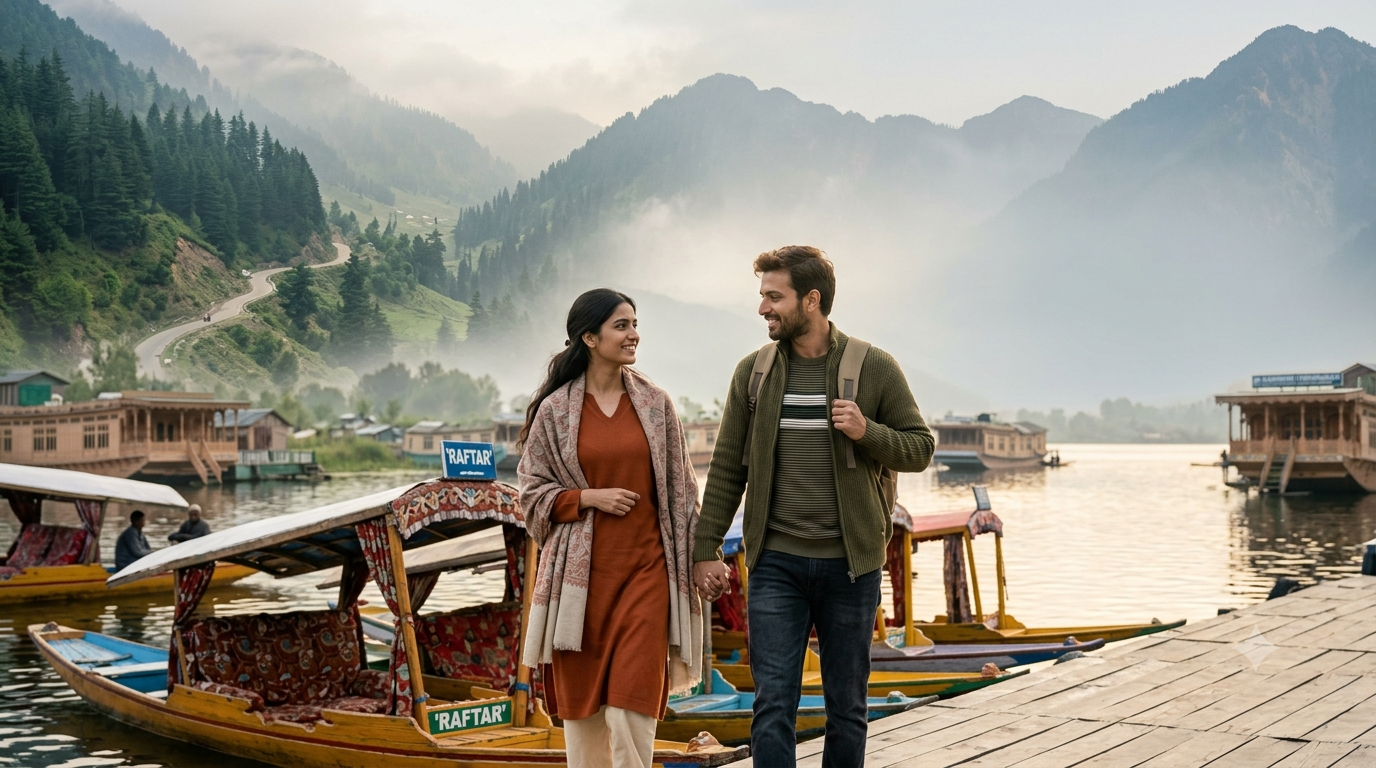 Indian couple enjoying a romantic honeymoon by Dal Lake in Kashmir