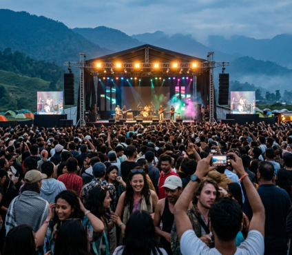 Thousands of music lovers enjoying live performances at the Ziro Festival of Music in Ziro Valley, Arunachal Pradesh, surrounded by lush green mountains.