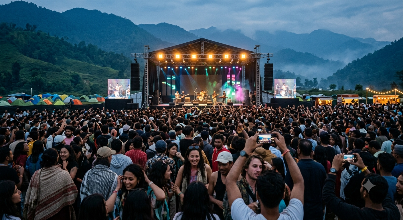 Thousands of music lovers enjoying live performances at the Ziro Festival of Music in Ziro Valley, Arunachal Pradesh, surrounded by lush green mountains.