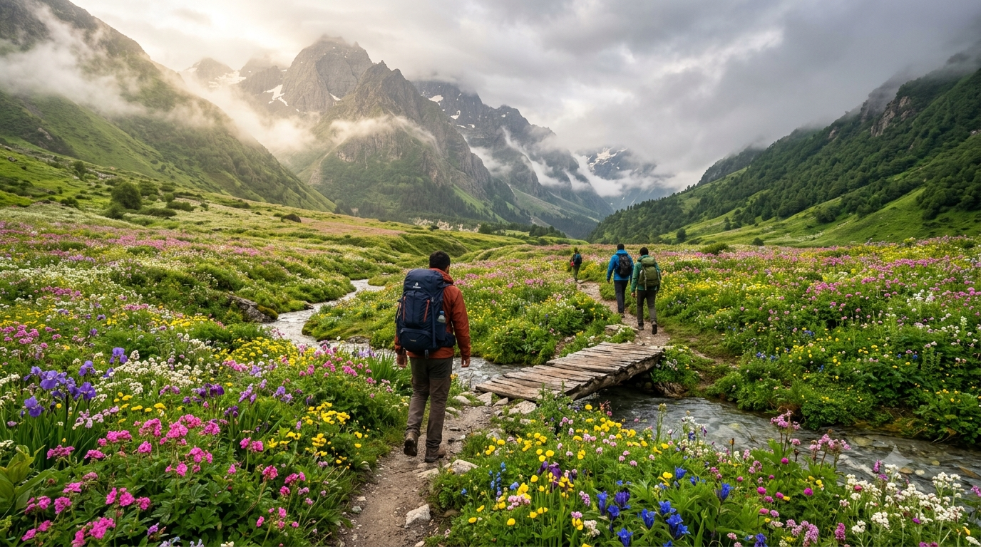 Trekkers exploring Valley of Flowers, Uttarakhand during the monsoon season with colorful alpine flowers, wooden bridge, mountain stream, and majestic Himalayan peaks.