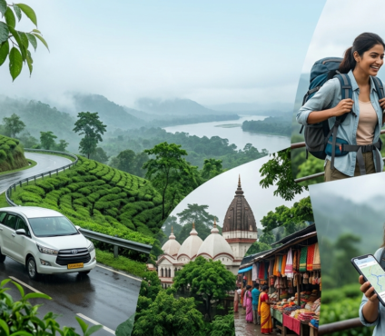Travellers exploring Assam during monsoon with scenic tea gardens and a rainy road