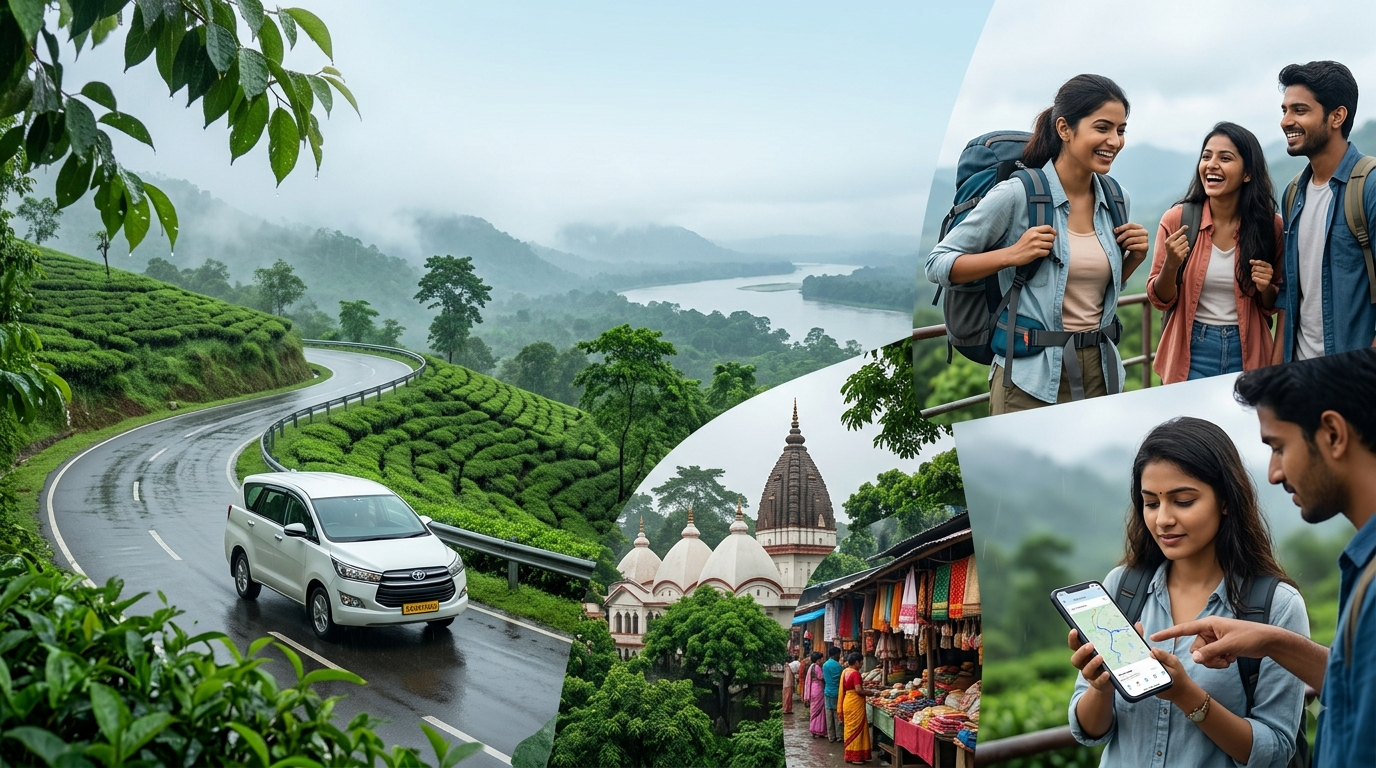 Travellers exploring Assam during monsoon with scenic tea gardens and a rainy road