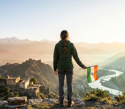 Independence Day trip in India with traveller holding the Indian flag