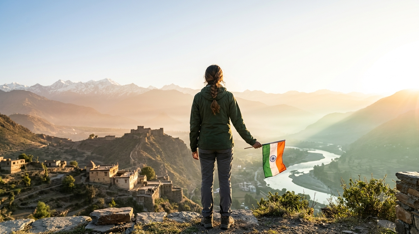 Independence Day trip in India with traveller holding the Indian flag