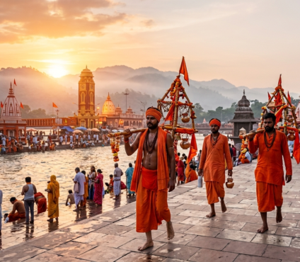 Devotees carrying Kanwars during Kanwar Yatra in Haridwar as they collect holy Ganga Jal for their spiritual pilgrimage