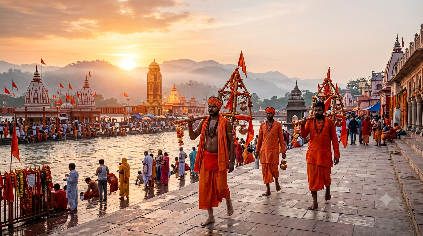 Devotees carrying Kanwars during Kanwar Yatra in Haridwar as they collect holy Ganga Jal for their spiritual pilgrimage