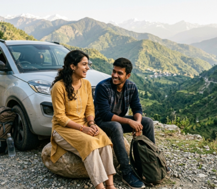 Indian brother and sister enjoying a scenic road trip together for Raksha Bandhan