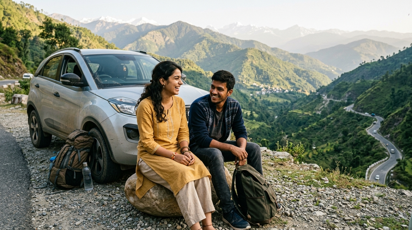 Indian brother and sister enjoying a scenic road trip together for Raksha Bandhan