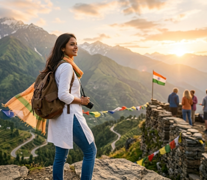 Confident Indian woman traveller enjoying a safe mountain journey during sunrise, representing women's safety while travelling in India.