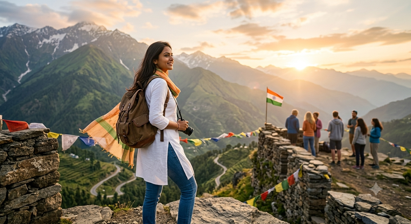 Confident Indian woman traveller enjoying a safe mountain journey during sunrise, representing women's safety while travelling in India.