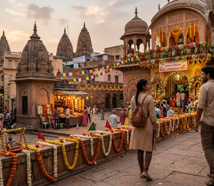 Travellers visiting a decorated Krishna temple during Janmashtami in India