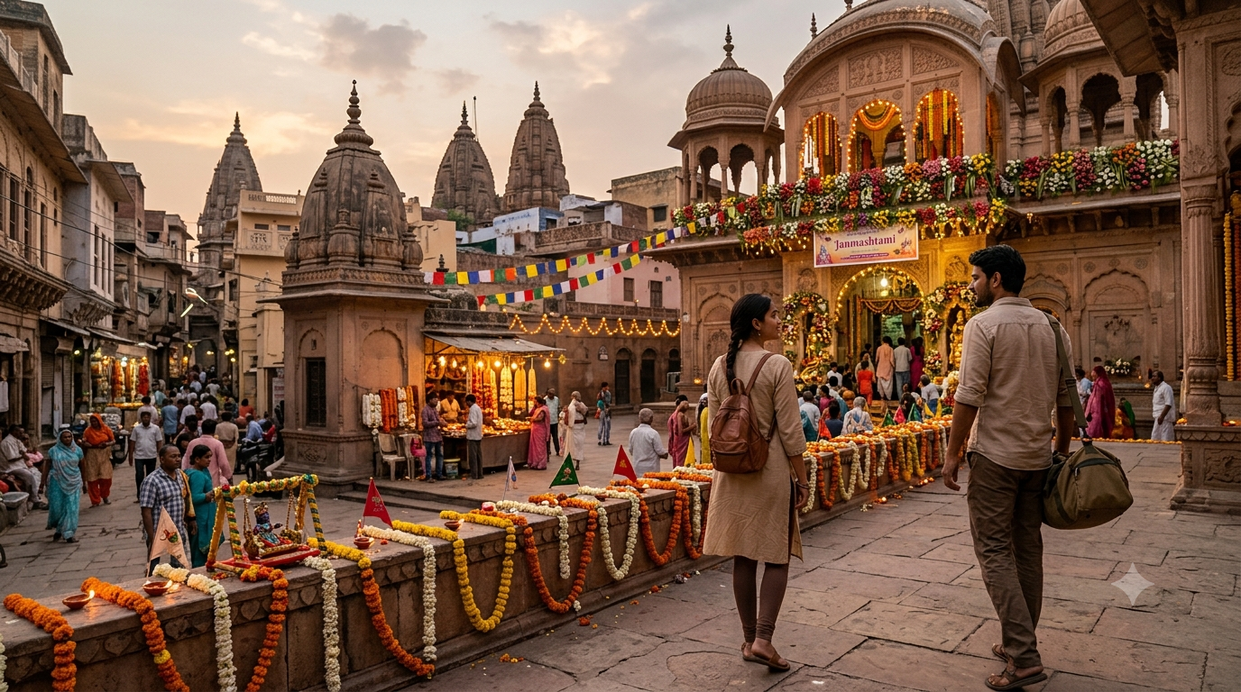 Travellers visiting a decorated Krishna temple during Janmashtami in India